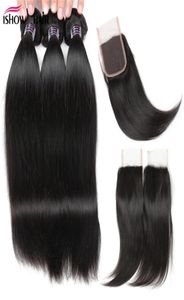 Hela billiga 8A brasilianska raka hårbuntar med stängning av 3 st hårförlängningar med 4x4 spetsstängning väver 2052840