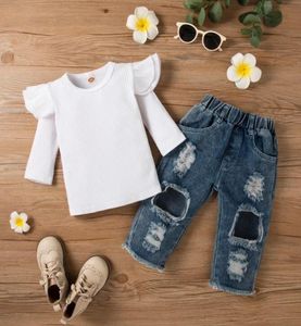 Комплекты одежды для девочек, осенние однотонные наряды, футболка с круглым вырезом и рукавами-крылышками, рваные джинсы с карманами7558161