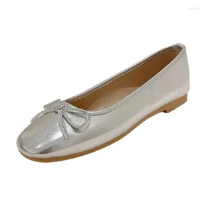 Casual Shoes Classic Round Toe Bowtie Ballerina Ladies Matte Leather Flats Silver Shallow Loafers Woman Dress Moccasins Ballets 2024