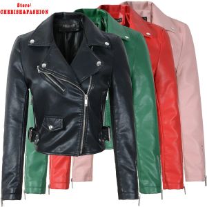 Jackor het försäljning röd skinnjacka kvinnor kort vit motorcykel cyklist jackor veste cuir femme rosa svarta mjuka rockar blouson cuir femme