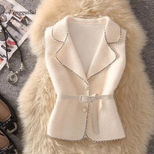 Gilet da donna Gilet Panno di lana Gilet Cappotto Donna Vintage 2022 Autunno Inverno Fasce larghe Bottone Gilet senza maniche Lady Casual Gilet solido Giacca