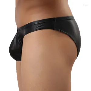 Cuecas sexy gay roupa interior homens preto faux couro briefs shorts homem cintura baixa u convexo bolsa cueca ropa interior hombre S-L