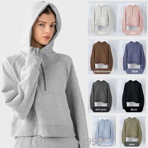 Suit LL Yoga Hoodies SCA Übergroßer Kapuzenpullover mit halbem Reißverschluss, kurze Sweatjacke, dick, locker, mit Fleece, warm, Outdoor, Laufen, winddicht, Sweatshirts (Stickerei)