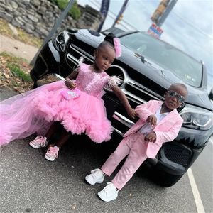 Pink Flower Girl Dresses Sequins Cute Bow First Communion Birthday Party Gown Customized Princess Clothing Celebration Wear