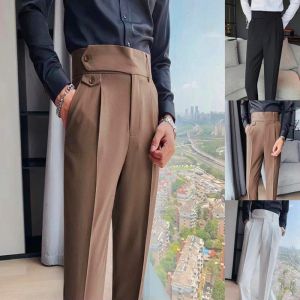 Pants Fashion Slim Fit Pencil Pants Naples Suit Pant For Men High Waist Button Business Casual Straight Trousers Korean Cropped Pants