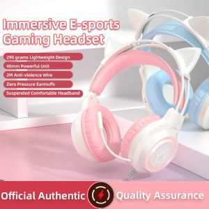 Fones de ouvido recém-chegados profissionais LED Cat Ear Wired Gamer Fones de ouvido com microfone para PS4 PS5 Xbox Computer PC Gaming Headset com tecla mudo