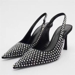 Dress Shoes Women Luxury Rhinestone High Heels Black Pointed Toe Pumps Female Shimmery Slingback Heeled Sandals 36 Size Special Price