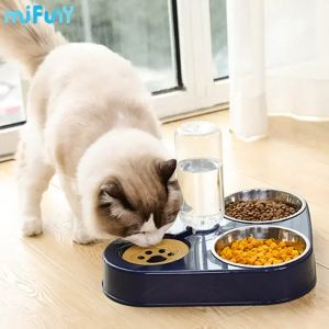 Suprimentos Mifuny 500ML Cat Double Water Food Bowl Pet Water Dispenser Garrafa Alimentador Automático Beber Tigela de Cão Tigela de Prato de Aço Inoxidável