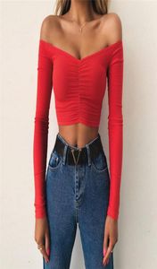 2019011007 elegante vermelho fora do ombro manga longa com nervuras camiseta feminina sexy malha básica estiramento t camisa 90s meninas topo de colheita tees9915914