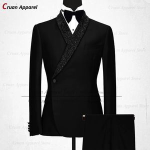 Luxury Formal Black Wedding Men Suit Set Slim Fit Groomsmen Groom Tuxedo White Designs Shiny Shawl Lapel Blazer Pants 2st 240221