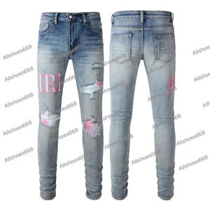 2024 Yeni Erkekler Jean Purple Jeans Marka İnce Fit Delik Yırtık Biker Pantolon Sıska Pantolon Tasarımcı Yığını Erkekler Kadınlar Trendi Pantolon