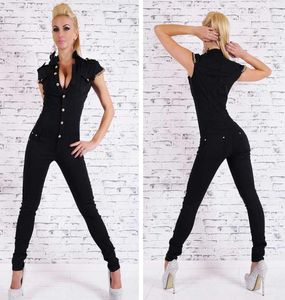 BigSweety Denim Lång Jumpsuit Kvinnor Sexig Deep V Neck Jean Jumpsuits Buttons Chain Black Overalls For Women Rompers4046568