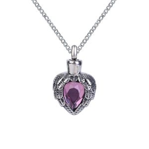 Urna Naszyjnik Purple Birthstone Wing Serce Wiselant Memorial Ash Peepsake Cremation Biżuteria stal nierdzewna z torbą prezentową i łańcuch 309f