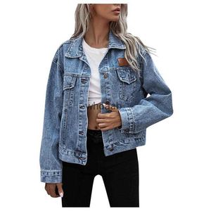 Women's Jackets Jackets Ladies Lapel Down Long Sleeve Pocket Distressed Oversize Denim Jean Teen Girls Coat 240301