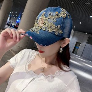 Ball Caps Denim Baseball Cap Women Spring Summer Rhinestone Flower Cowboy Sunshade Trendy Casual Sunscreen Sport Vintage Hat