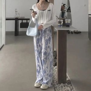 Capris Korean Fashion Women Tie Dye Pleated Wide Leg Pants Spring Summer ElasticHig