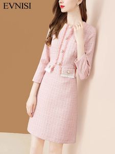 EVNISI Rosa Kleid Für Frauen Tweed Patchwork Gestrickte Peter Pan Kragen Kleider Büro Dame Plaid Vestidos Herbst Und Winter 240226