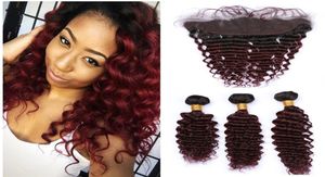 1B99J Burgundy Ombre Brazilian Deep Wave Human Hair Bundles with Frontal Closure Wine Red Dark Roots Curly Virgin Hair 13x4 Full 1613866