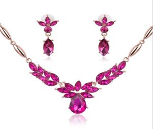 Rose Gold Crystal Leaf Flower Earring Halsband Set Fashion Crystal Water Drop örhängen Halsband 2017 Nya brudbröllopsmycken SE9617826