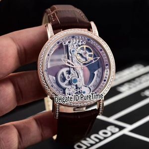 New Golden Bridge 42mm Rose Gold Diamond Bezel Inner Skeleton Dial Automatic Tourbillon Mens Watch Sports Watches Brown Leather C-200K