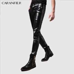 Pants CARANFIER Trendy Wild Pants Brand Fashion Slim Men Leather Clothing Stitching Nightclub PU Faux Casual Trousers Plus Man