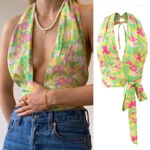 Kvinnors tankar Kvinnor Summer ärmlös Halter Crop Top Sexig Plunge Deep V-Neck Backless Camisole Boho Floral Print Tie Midjet Beach Vest F0T5