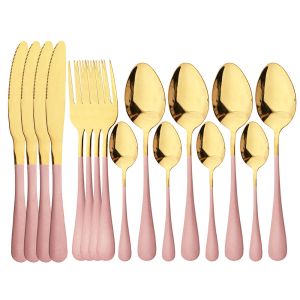 Set Stoviglie in oro rosa Forchetta Cucchiaio Coltello in acciaio inossidabile Set di stoviglie per la cena Set di posate da cucina Set di posate in oro brillante 4 set 16 pezzi