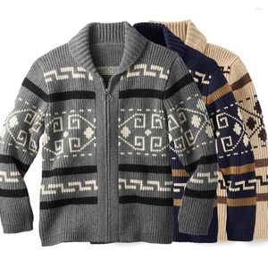 Men's Sweaters Kintted Zip Up Cardigans Men Vintage Sweater Autumn Winter Shawl Collar Knit Jacket Casual Geometric Jacquard Knitwear