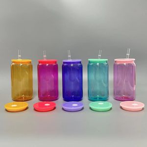 Renkli 16 oz süblimasyon boşluklar cam bardaklar bardak suyu mason jar buzlu içecek içme bira cam bardak kahve kupaları plastik kapaklı pipetler
