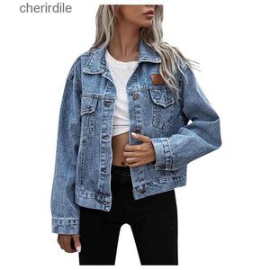 Women's Jackets Jackets Ladies Lapel Button Down Long Sleeve Pocket Distressed Oversize Denim Jean Teen Girls Coat 240301