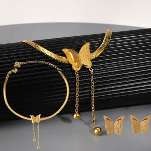 Upscale Matte 2-layer Butterfly Choker Charms Snake Bone Womens 14k Gold Jewelry Set