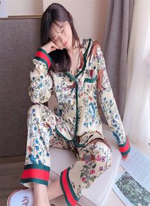 Mangas compridas pijamas conjunto verão primavera impressão pijamas para mulheres seda cetim pijamas duas peças lounge wear pjs roupas de casa 2012174245146
