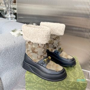 Snöstövlar Jacquard Platform Booties Womens Men Real Leather Half Middle Boots Shoes Footwear