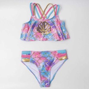 Simkläder 3-8 år Shell Kids Girls Bikinis Set 2023 Barn Falbala badkläder Baddräkt Rainbow Kid Girl Biquini Infantil Bathing Suit 240229