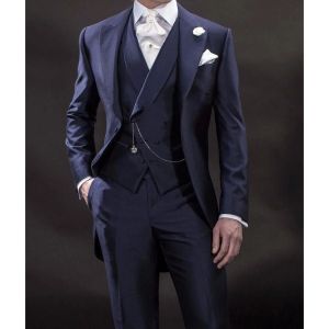 Jackets Suits For Men Tuxedo Blazer Three Piece Jacket Pants Vest Fashion Terno Navy Blue Single Breasted Peaked Lapel Slim Fit Costume