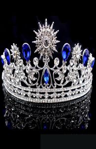 Retro Royal Blue Wedding Crown Tiara Tiara na balu quinceanera impreza zużycie kryształowe ujście z koralikami pół włosy ozdoby ślubne żydowskie 6027396