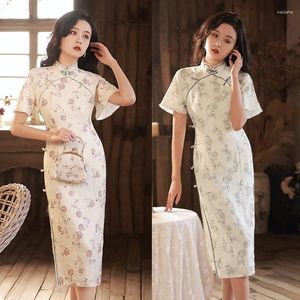 Etniska kläder Stylish Ladies Cheongsam Summer Chinese Style Mandarin Collar Dress Womens Print Qipao Slim Party Bankettklänning Vestido