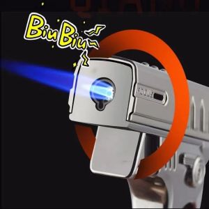 Металлическая креативная зажигалка для пистолета, ветрозащитная газовая зажигалка с струей заряда, забавная зажигалка с синим пламенем, модная игровая декомпрессионная игрушка