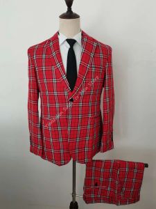 Suits Men'S Suit Red White Brown Blazer Trousers Check Plaid Suit Luxury High Quality Men'S Wedding Clothing 2pcs Jacket Pants Outfit