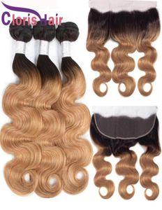 Brazilian Virgin Body Wave Ombre Human Hair Weaves With Closure T1B27 Honey Blonde 13x4 Full Lace Frontals With 3 Bundles Colored53455760