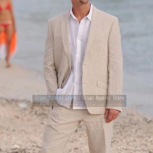 Suits Classic Beige Beach Linen Suits For Men Slim Fit Formal Best Man Groom Wedding Dress Tuxedo Casual Blazer With Pants 2 Pieces