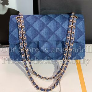 10A Mirror Quality Designer Classic Flap Bag 25cm Médio Womens Blue Denim Quilted Bolsa Luxurys Pequeno Retângulo Bolsas Crossbody Ombro Chain Strap Box Bag