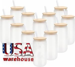 16oz USA Warehouse Wasserflaschen DIY leere Sublimationsdose Becher geformte Bierglasbecher mit Bambusdeckel und Strohhalm für Eiskaffee Soda ss1230