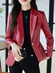 Blazers Circyy Leather Blazers for Women 2023 Fall Long Sebute Button Blazer Coats Office Lady Solid Rowndown Twlar Slim Jacket