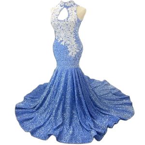 Gorgeous Blue Sequined Prom Dresses Sexy Mermaid Keyhole Neck Lace Appliques Sequins Sweep Train Backless Evening Gowns Black Girls Vestidos De Soiree