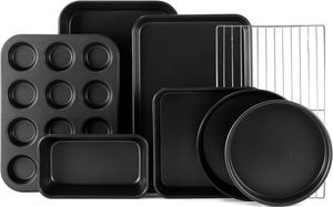 S-KITCHN Backgeschirr-Set, antihaftbeschichtetes Backset, einschließlich Kastenform, 2-teilige Kuchenform, Bräter-Backblech mit Gestell, 12-Tassen-Muffinform und Brownie-Pfanne – 8-teilig