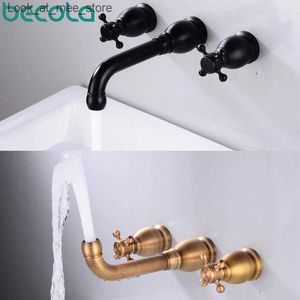 Bathroom Sink Faucets Becola Basin Set 3 Hole Antique/Black Brass Double Cross Handle Wall Mounted Bathroom Sink Faucet Hot Cold Tap In-Wall Q240301