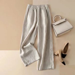 Capris Lucyever Cotton Linen Pants For Women Vintage Solid High midje Wide Ben Pants Woman 2022 Summer Casual Loose raka byxor