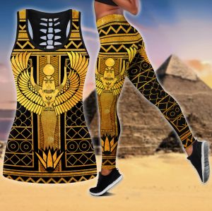 Outfit Queen of Egyptian Tattoos 3D Printed Hollow Tank Top & Leggings Set Fitness Female Full Length Leggings Yoga Pants LKB16