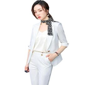 Completo da donna da ufficio con pantaloni formale da 2 pezzi per la moda estiva Nero Bianco Albicocca Plus Size Giacca e pantaloni a righe da donna2906120
